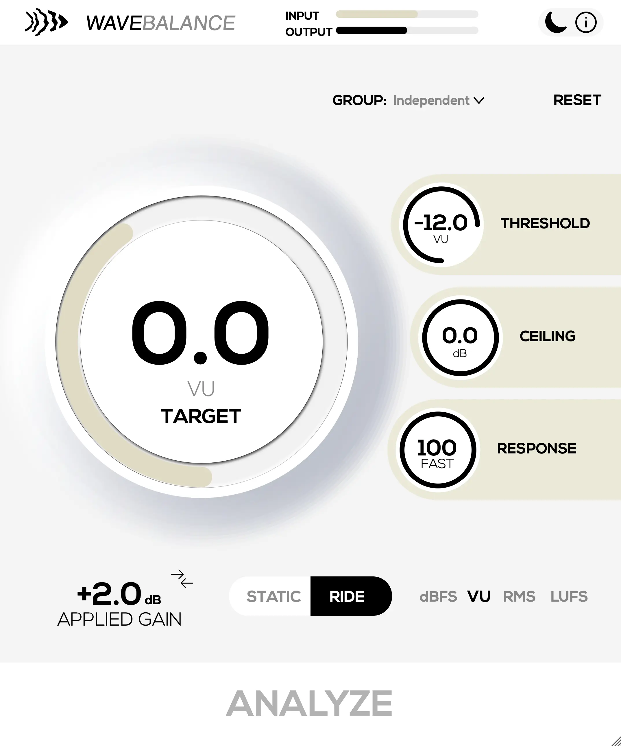 Codwaves WaveBalance auto gain staging plugin interface built by Atlantic Audio