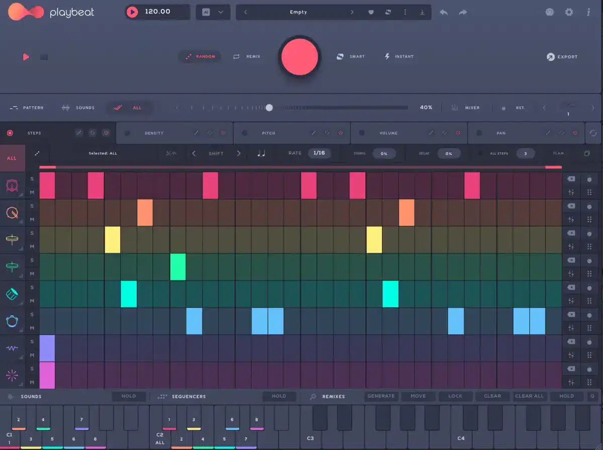Playbeat 4 step sequencer plugin interface developed by Atlantic Audio